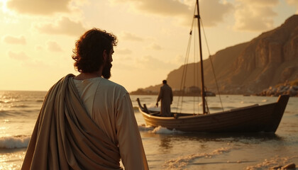 Spiritual bible scene depicts robed figure standing on tranquil beach, gazing at boat on water. Golden light illuminates serene new testament moment, showing profound story unfolding,