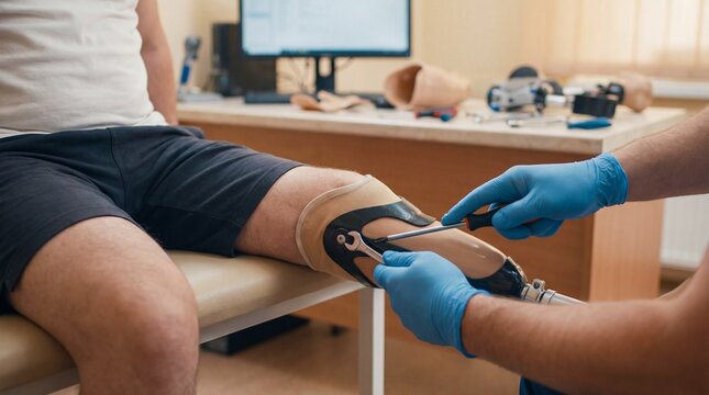 Technician Adjusting a Prosthetic Leg in a Clinic