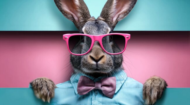 Un lapin styl&eacute; portant des lunettes de soleil roses et une chemise bleu pastel avec un n&oelig;ud papillon, sur fond de banni&egrave;re &agrave; th&egrave;me de P&acirc;ques, pour la publicit&eacute; ou la promotion sur les r&eacute;seaux sociaux.