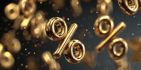 Luxury 3D percentage sign in metallic finish, surrounded by sparkling particles&mdash;ideal for promotion, pricing, and retail marketing visuals.