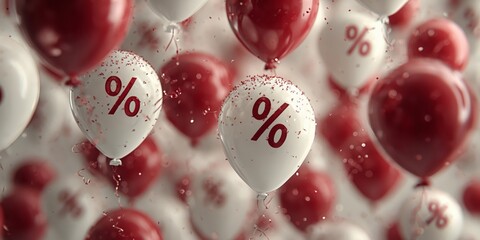 Festive promotion scene with percent-sign balloons and sparkling particles, designed for web headers, posters, and social ads.