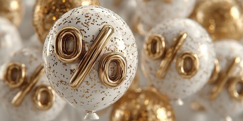 Festive promotion scene with percent-sign balloons and sparkling particles, designed for web headers, posters, and social ads.