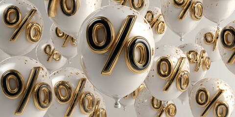 Festive promotion scene with percent-sign balloons and sparkling particles, designed for web headers, posters, and social ads.