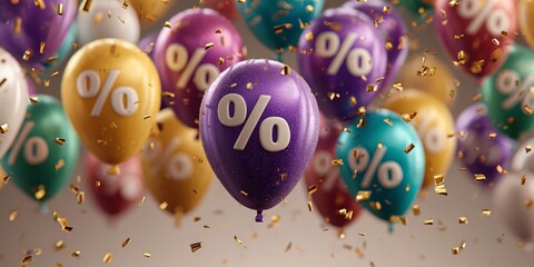 Floating percent balloons with confetti and soft depth-of-field, ideal for discount promotions, retail advertising, and sale banners