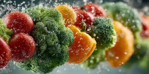 Fresh tomatoes, broccoli and bell peppers floating in midair with herbs and peppercorns, clean modern cooking concept