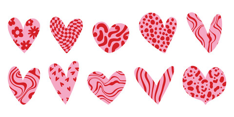 Set of different hand drawn textured heart shapes. Red heart Love symbol with various abstract patterns for Valentines Day. Vector art illustration isolated on white background