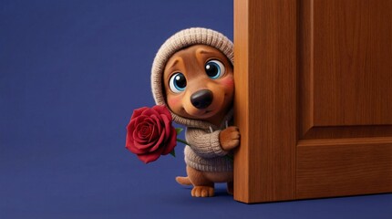 Shy puppy character 3d illustration in beige and blue colors representing love confession with a flower behind a door