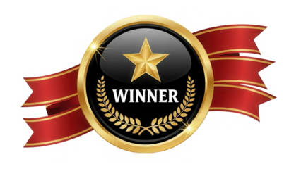 Luxury Gold Winner Badge with Star and Laurel Wreath on Transparent Background with Red Ribbon – Achievement Award Emblem