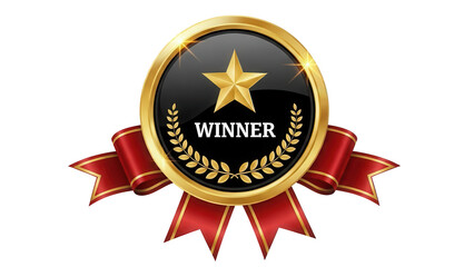 Luxury Gold Winner Badge with Star and Laurel Wreath on Transparent Background with Red Ribbon &ndash; Achievement Award Emblem