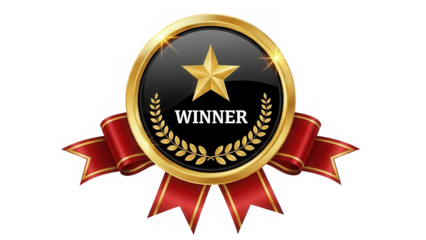 Luxury Gold Winner Badge with Star and Laurel Wreath on Transparent Background with Red Ribbon – Achievement Award Emblem