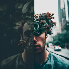 Split portrait of man with foliage in nature and urban settings