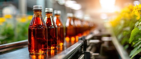 amber glass bottles with oil on a conveyor belt