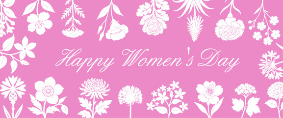 Postcard with white flowers on a pink background. Happy Women's Day. Hand drawn. Not AI vector