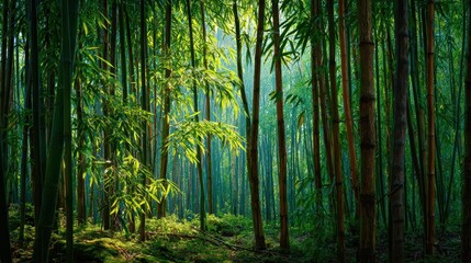 Fototapeta premium Sunlit bamboo grove in a tranquil summer forest