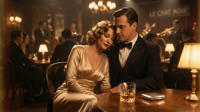 Elegant vintage 1940s couple sitting in a jazz club, sharing an intimate moment with whiskey glasses, warm lights, and classic nightlife atmosphere.