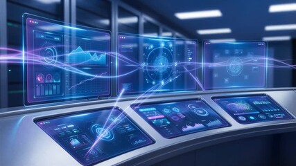 Monitoring station in futuristic data center with holographic dashboards displaying real-time analytics and network connectivity. Digital interface for cybersecurity and cloud computing management - Powered by Adobe