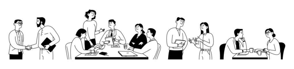 Doodle set of business people, men and women of different ages and body types in offices and at meetings. Presentations, communication, teamwork. Isolated on a white