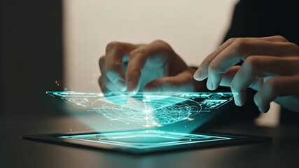 A person interacting with a futuristic holographic interface displaying dynamic data and visuals, showcasing modern technology. - Powered by Adobe