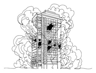 Continuous line drawing of a burning high rise building engulfed in smoke