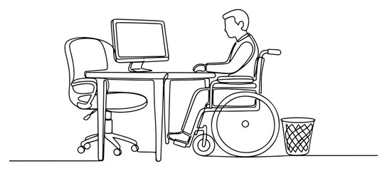 Continuous line drawing of office worker in wheelchair at computer desk