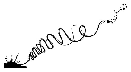 Paintbrush drawing a long swirling line ending in a black ink splash