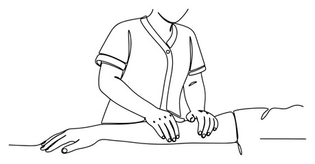 Continuous line drawing of a physiotherapist giving a patient an arm massage