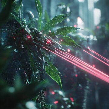A futuristic sci-fi turret defense called the "Plantoid Nature Defense". Found in the thick jungles of an all natural techno planet that are stealthy placed to protect specific locations.