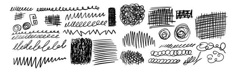 Set of hand drawn scribble symbols isolated on white. Doodle style sketches. Shaded and hatched badges and bubble shapes. Monochrome vector design elements.