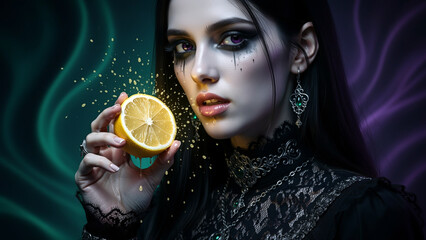 A gothic woman with heterochromia and dramatic makeup holds a dripping lemon half, juice splashing magically around her intense gaze in a dark, mystical portrait