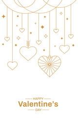 Luxury valentine's day banner with gold hanging hearts, minimalist elegant greeting card on white background.