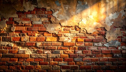 Old brick wall with a weathered surface and rustic texture, enhanced by warm side lighting that emphasizes depth, age, and natural architectural character.