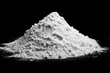Minimalist studio shot of flour powder on a black surface, high-contrast lighting and sharp texture