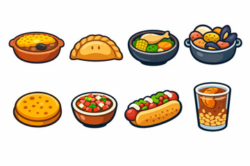 Vector Illustration of a Chilean Traditional Food Icon Set with Pastel de Choclo, Empanadas and Classic Dishes on a White Background