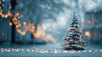 Wide-screen winter holiday scene featuring a snow-dusted Christmas tree with garland lights against a softly blurred festive backdrop