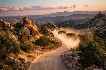 Fototapeta premium Remote off-road scenery: muddy track, weathered rocks, and warm sunset light