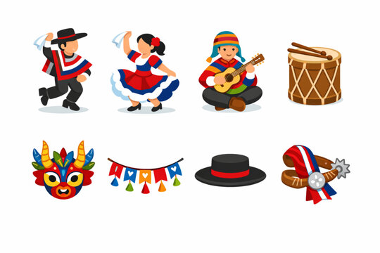 Vector Illustration of a Chilean Folklore Festival Icon Set with Dancers, Musicians and Traditional Elements on a White Background