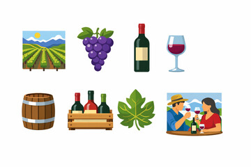 Vector Illustration of a Central Chile Wine and Vineyard Icon Set with Stylized Geometric Elements on a White Background
