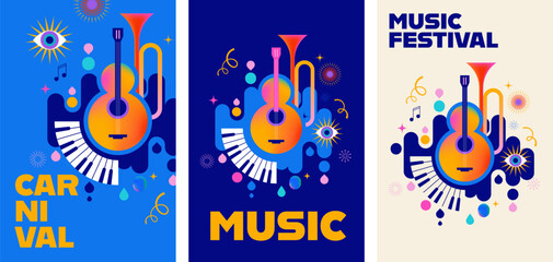 Colorful carnival and music festival vertical poster set with abstract musical instruments
