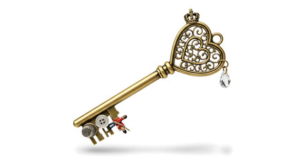 Ornate Vintage Gold Heart Key with Royal Crown and Crystal Ornament