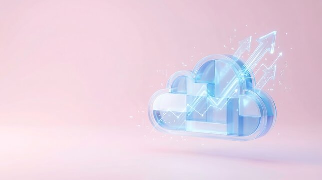 Futuristic cloud computing concept with glowing blue data chart and arrows