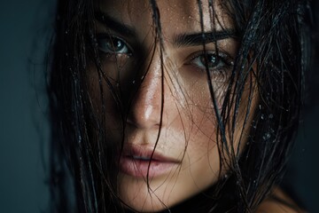 Fototapeta premium Portrait of a woman with damp hair and intense gaze in cinematic lighting