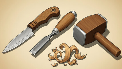 Professional woodworking hand tools with wood shavings