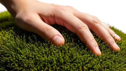 Macro View of Hand Touching Soft Green Moss