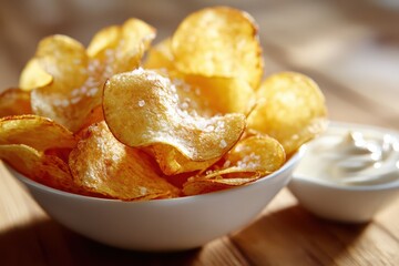 Texture-rich close view of salty potato chips with creamy dip in a simple white bowl