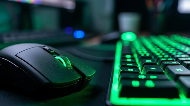 A close-up view of a modern gaming mouse and keyboard with vibrant green lighting in a dark environment, showcasing sleek design.