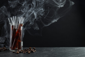 Glass test tube with coffee and beans on black table against dark background with smoke, space for text