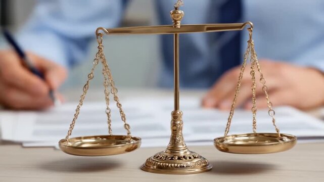 Scales of justice with a person writing in the background concept