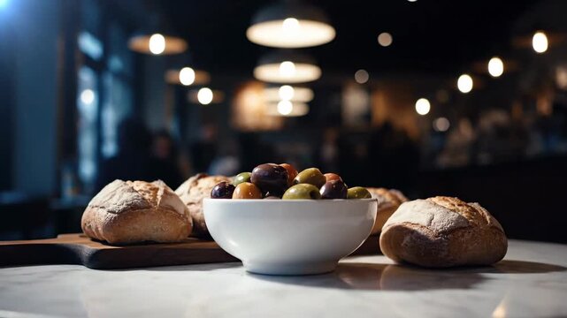 A cozy dining scene featuring bread rolls and a bowl of olives on a marble table in a warm, softly lit environment.