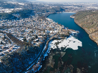 Fototapeta premium Aerial winter view of Pancharevo lake, Bulgaria