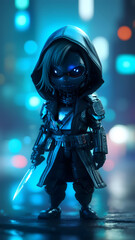 Naklejka premium Cyberpunk Chibi Ninja in Cityscape